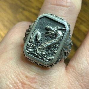 925 Oxidized Sterling Silver Water Dragon Ring - Size 10